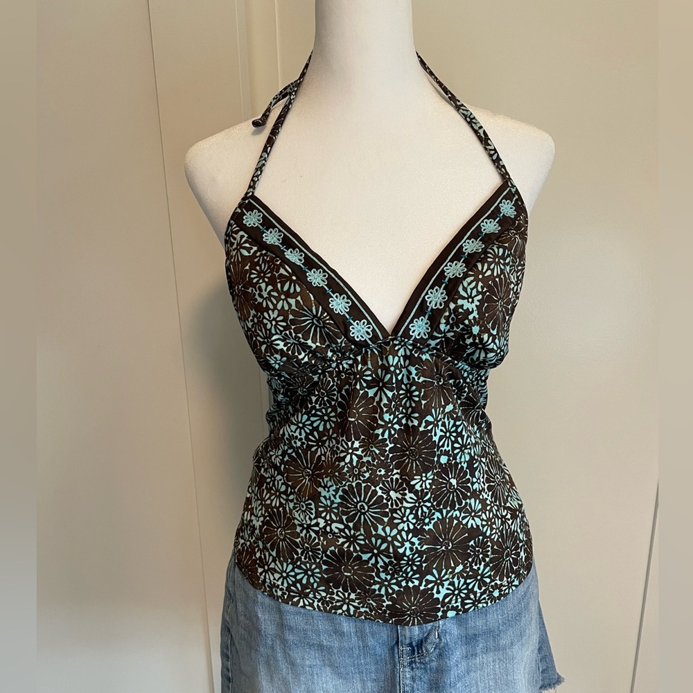 brown and blue y2k tankini embroidered and beaded
